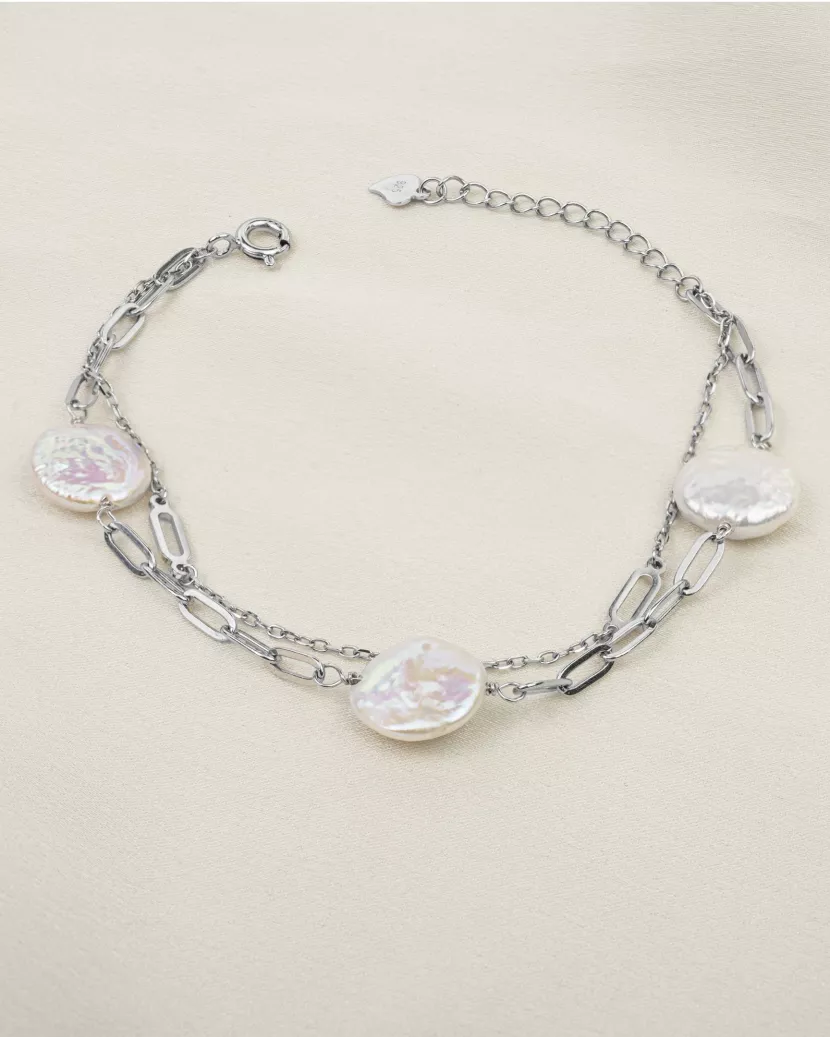 Браслет срібний з барочними перлами та ланцюжком подвійний 006951