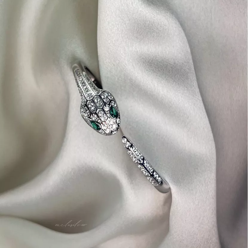 Браслет срібний Змія із зеленими очима 006350