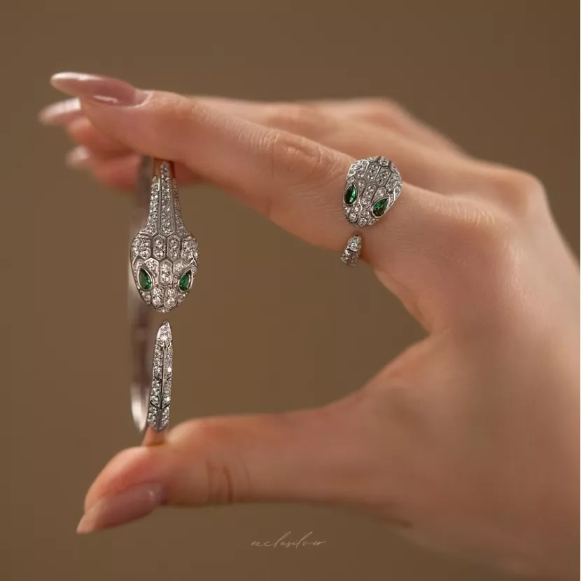 Браслет срібний Змія із зеленими очима 006350