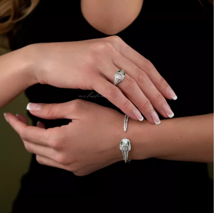 Браслет срібний Змія із зеленими очима 006350