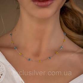 Срібний ланцюжок-кольє із жовто-блакитним кришталем 006340