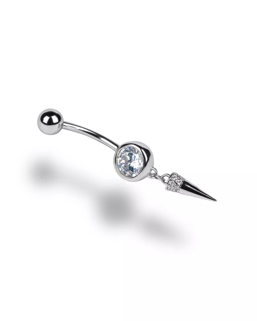Пірсинг срібний в пупок з крупним цирконієм діамантового огранювання та підвіскою 006974
