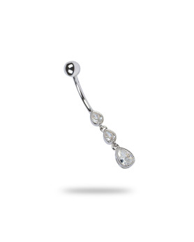 Пірсинг срібний в пупок з крупним цирконієм діамантового огранювання та підвіскою Три каплі 006976