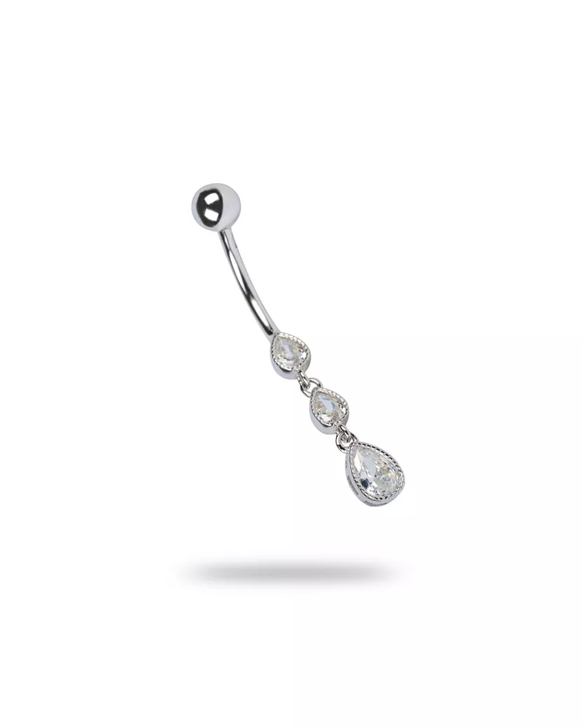Пірсинг срібний в пупок з крупним цирконієм діамантового огранювання та підвіскою Три каплі 006976