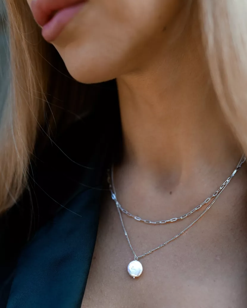 Кольє срібне з барочною перлиною подвійне 006950