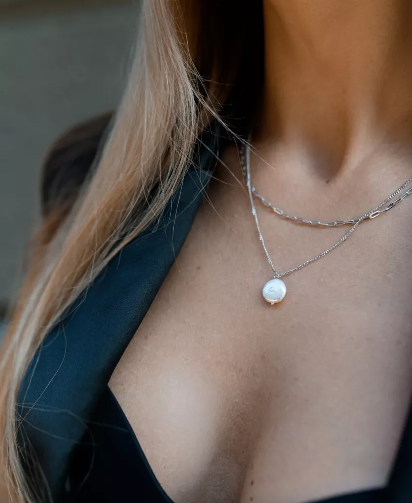 Кольє срібне з барочною перлиною подвійне 006950