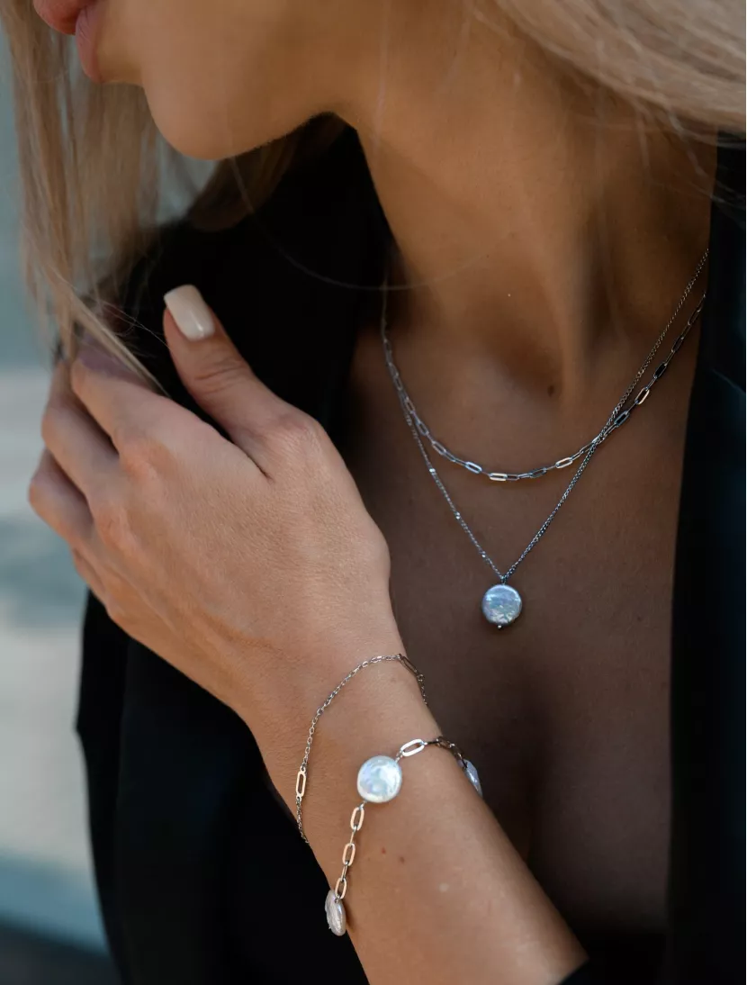 Кольє срібне з барочною перлиною подвійне 006950