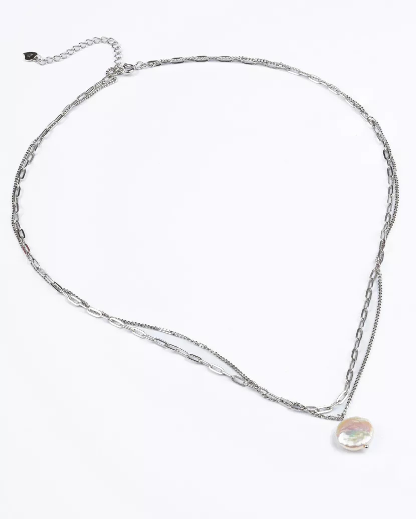 Кольє срібне з барочною перлиною подвійне 006950