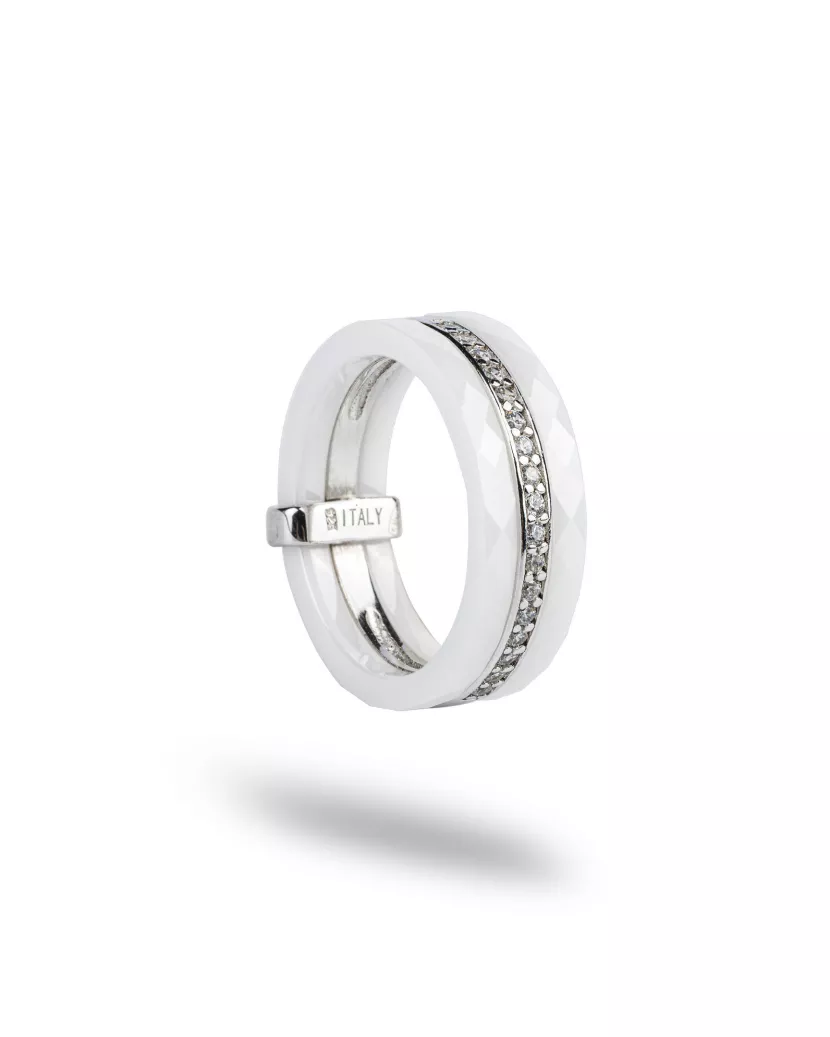 Каблучка срібна з білою керамікою і  цирконієм діамантової огранки 006685