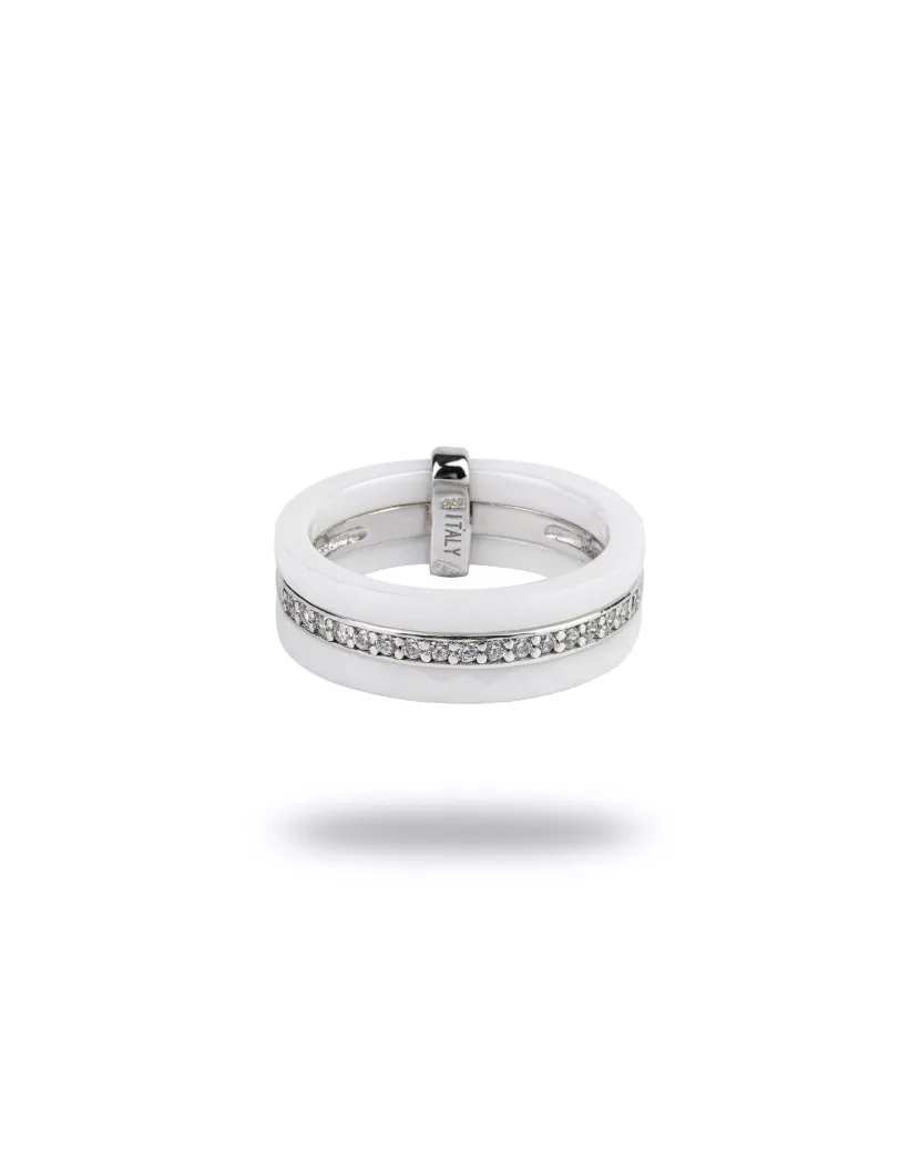 Каблучка срібна з білою керамікою і  цирконієм діамантової огранки 006685