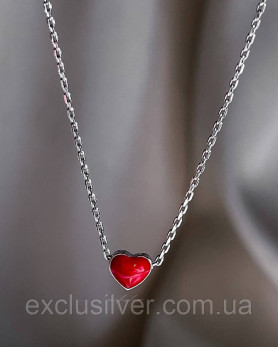 Срібний ланцюжок-кольє Червоне серце з емаллю, 925 проба