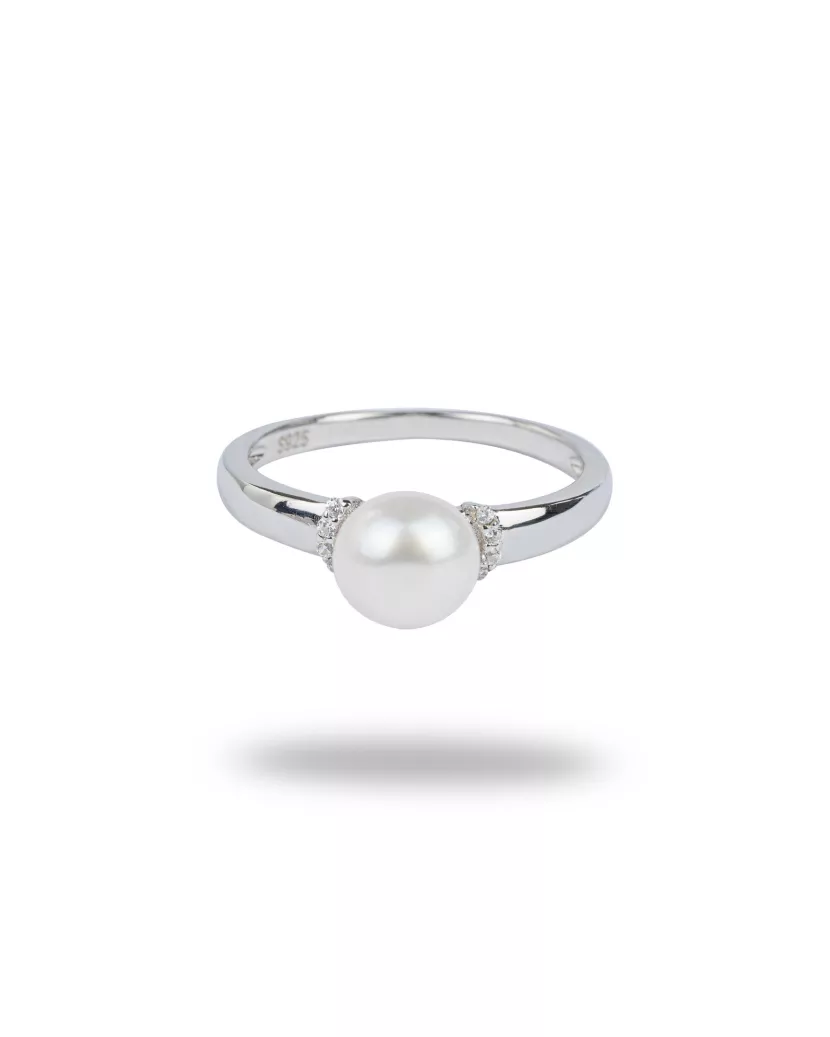 Каблучка срібна з перлиною та цирконієм діамантового огранювання 006946