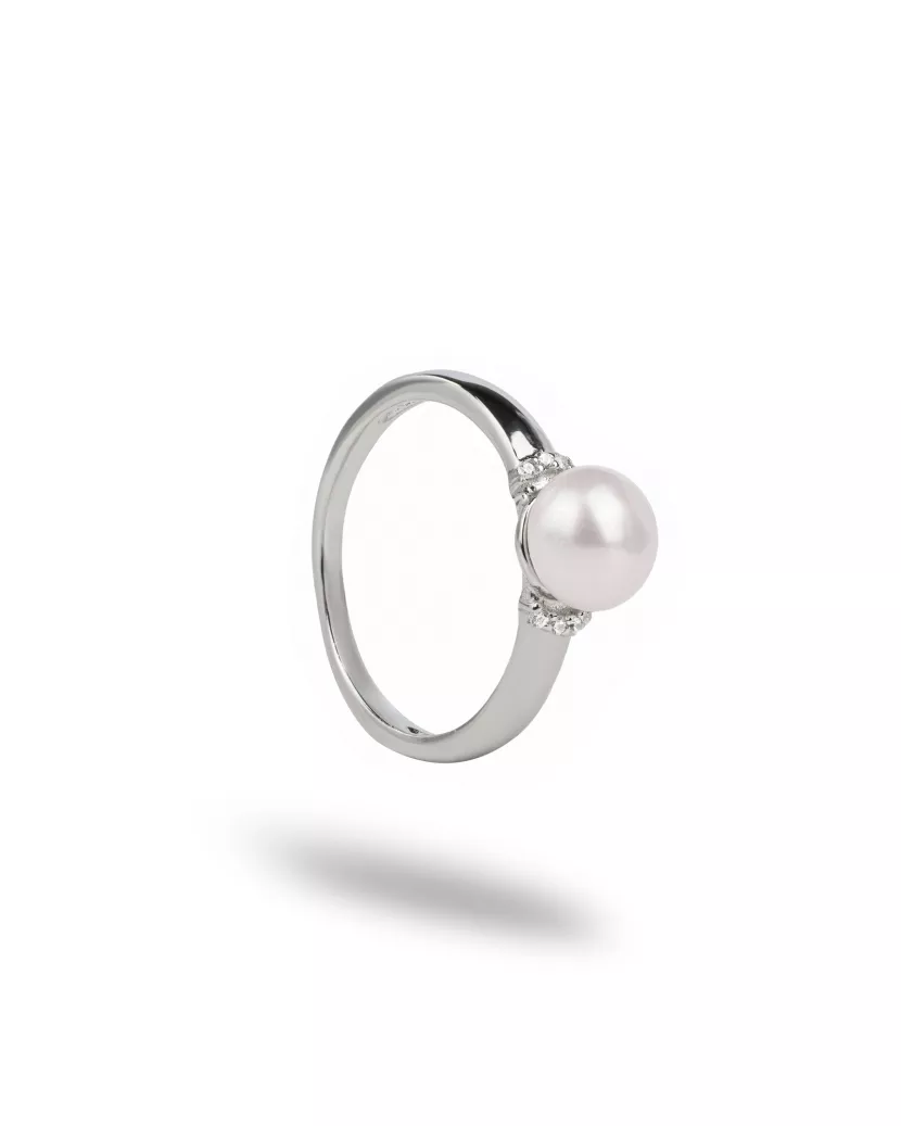 Каблучка срібна з перлиною та цирконієм діамантового огранювання 006946