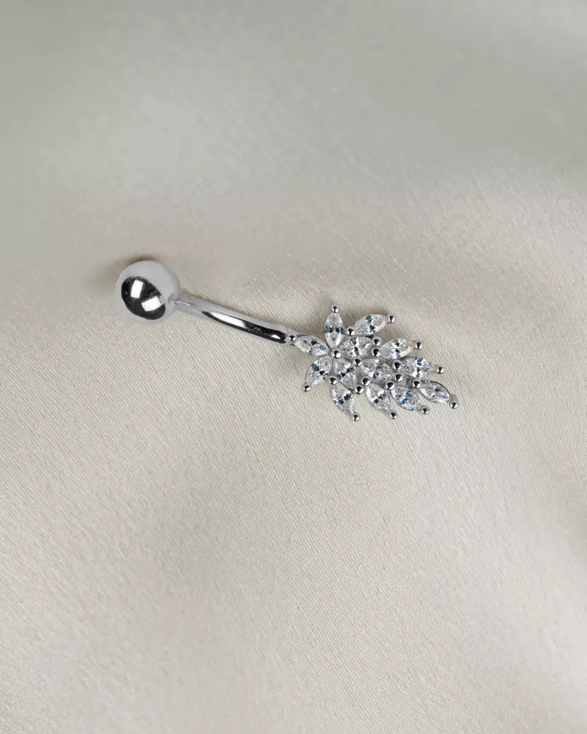 Пірсинг срібний в пупок з цирконієм діамантового огранювання Листок 006973